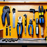 **

A well-organized mechanic's workshop. Various hand tools (wrenches, screwdrivers, pliers) are neatly arranged on a pegboard and in a toolbox. Safety glasses and work gloves are visible. Focus on the tools and a clean workspace.

**