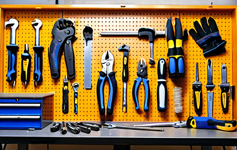 **

A well-organized mechanic's workshop. Various hand tools (wrenches, screwdrivers, pliers) are neatly arranged on a pegboard and in a toolbox. Safety glasses and work gloves are visible. Focus on the tools and a clean workspace.

**